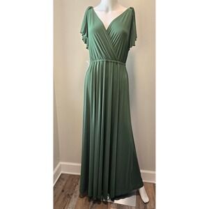 KOH KOH MAXI LONG LENGTH V Neck Flutter sleeve Olive Green Bridesmaid Size Large